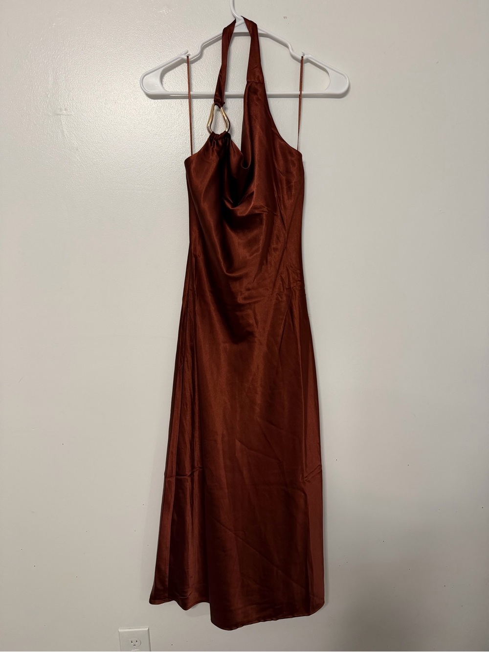 Satin Halter Slip Dress in Rich Brown/Rust